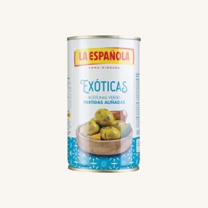 La Española Exóticas - Seasoned split (partidas) green olives, can 350g